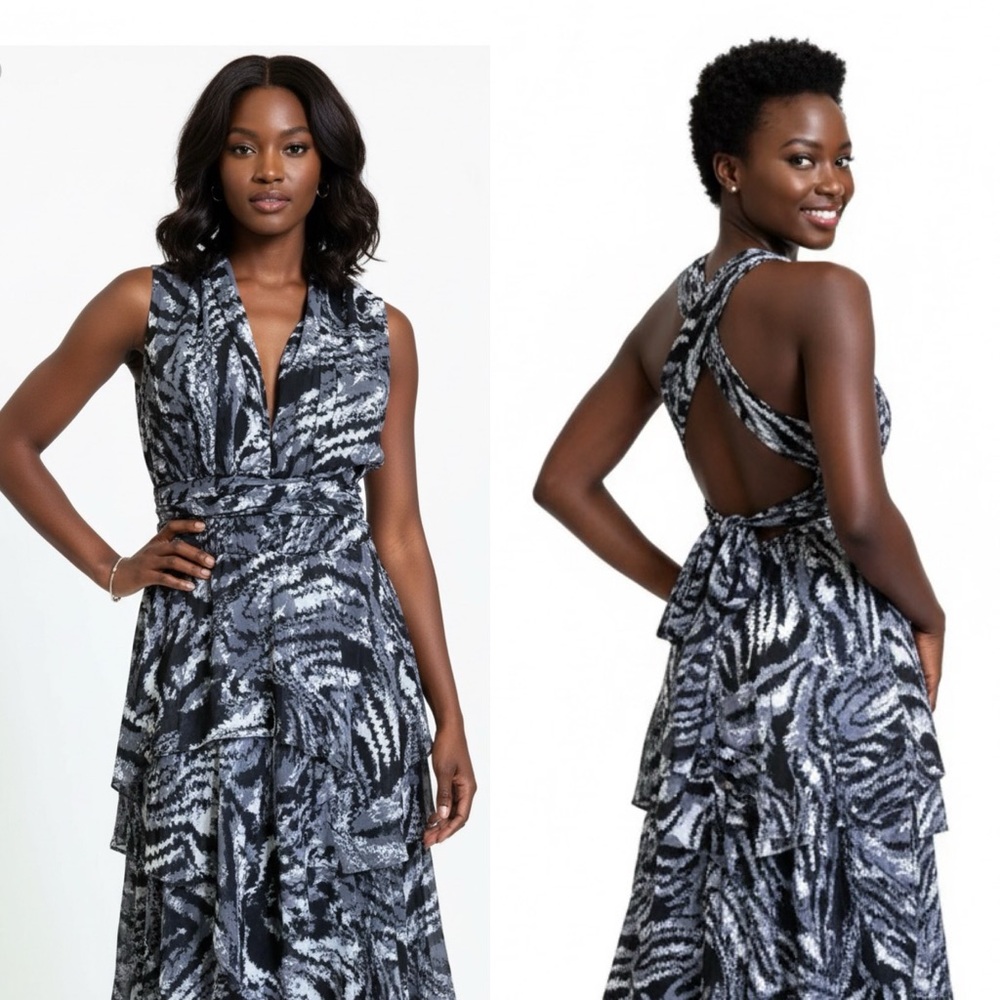 ASHRO Gray & Black Animal Print Halter Top Tie Back Tier Maxi Dress 16 Plus
